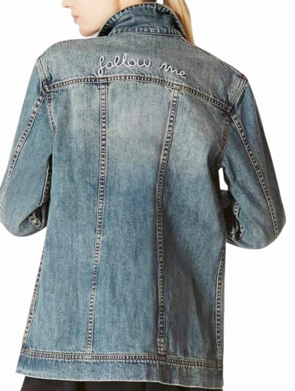 Avec Les Filles Anthropologie Vintage Blue Longline Follow Me Jean Jacket S